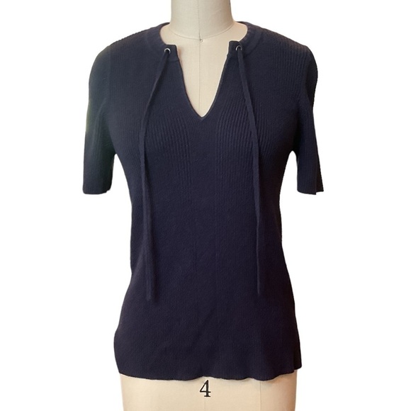 Margaret O'Leary ribbed drawstring short sleeve navy blue sweater sz L - Picture 1 of 9